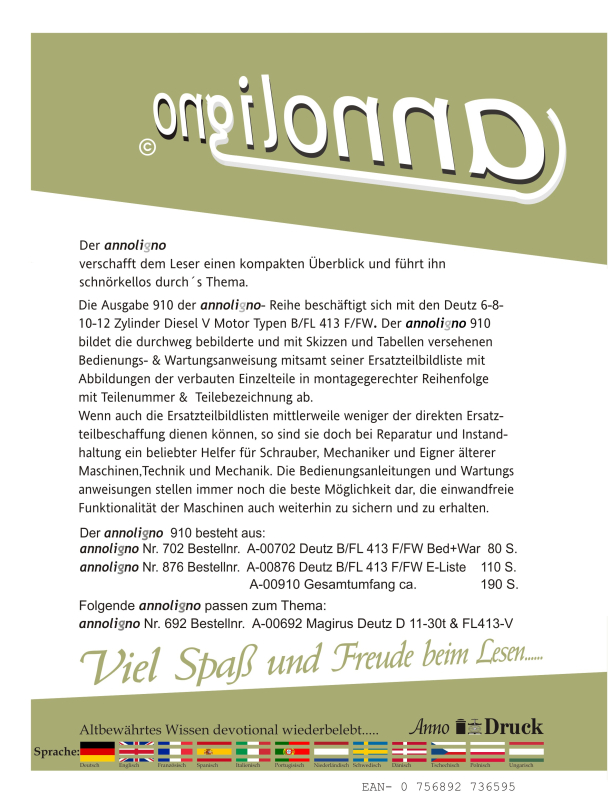 Deutz Diesel V-Motor Serie B/FL 413 F/FW 6-12 Zylinder 1980 Bild- Bedienungsanleitung & Wartungsanleitung & Bild- Ersatzteilliste & Explosionszeichnungen - annoligno 910